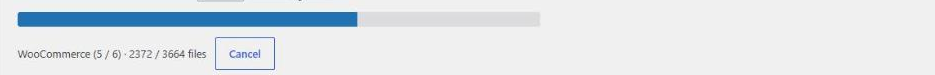 Progress bar during a scan: WooCommerce (5 of 6), 2372 of 3664 files, with a Cancel button